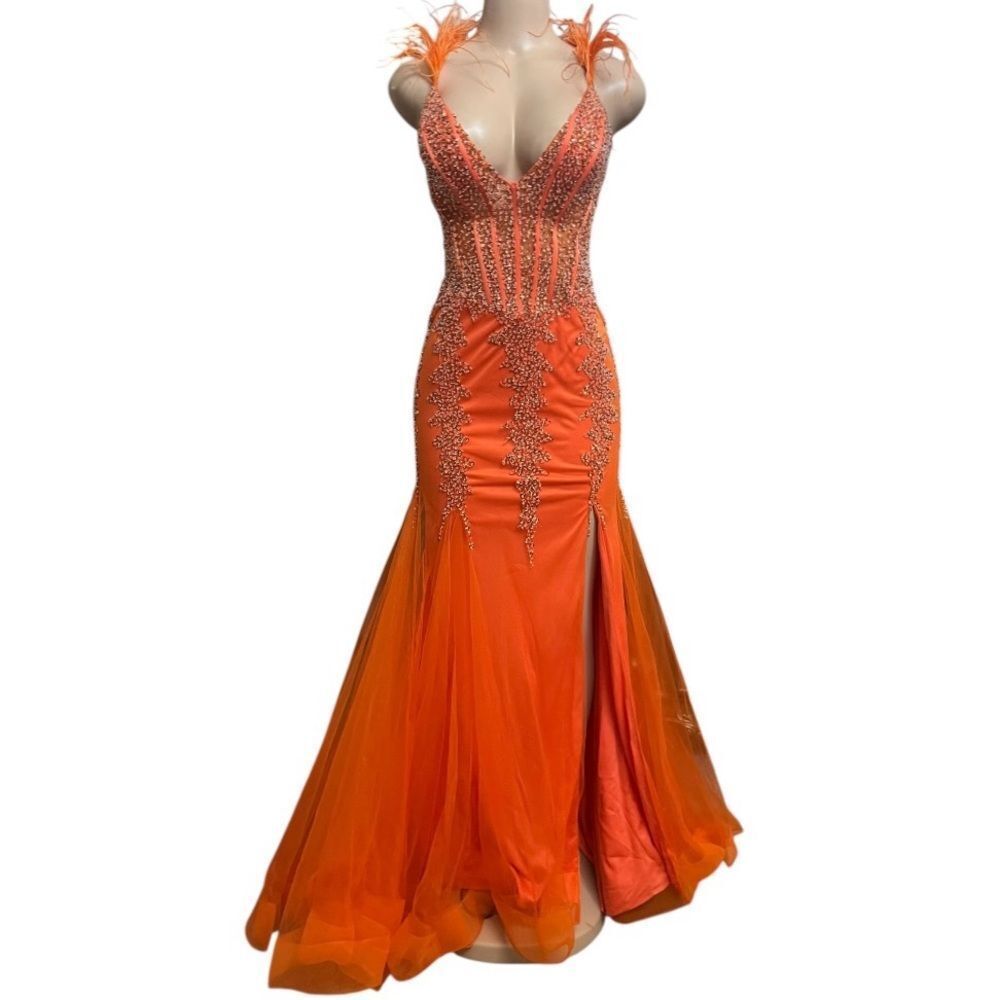 Jovani Vibrant Orange Feather-Trim Beaded Mermaid Gown - Picture 2 of 16